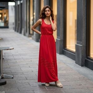 Finn & Clover Red Lace Maxi Dress Boho Romantic Flowy Sleeveless A-Line Feminine